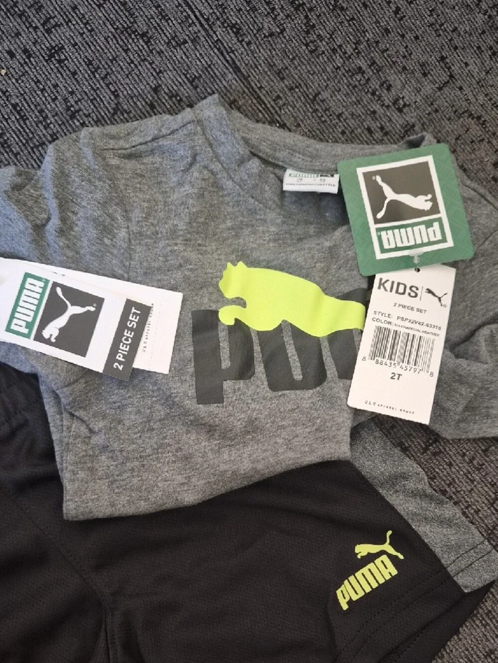 Puma Gray Tee & Black Shorts Kids Pajama Set with Neon Yellow Logo